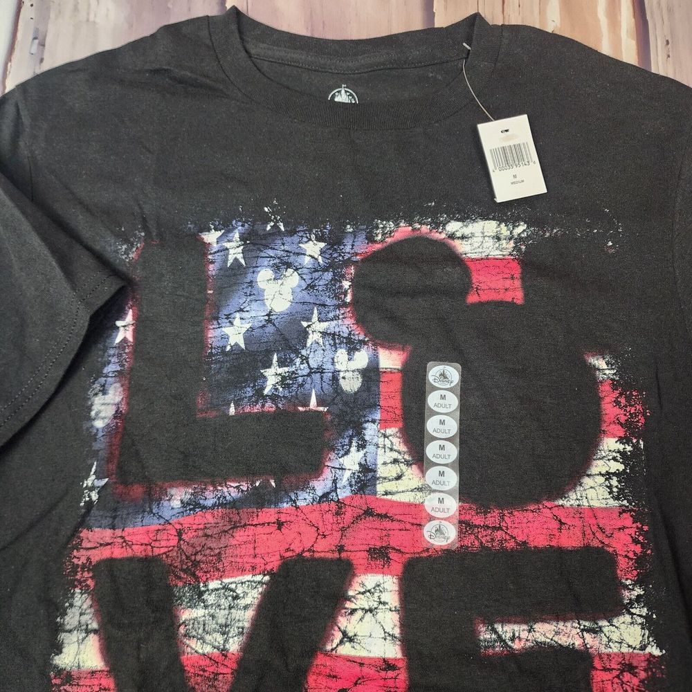 NEW Disney‎ Parks Shirt Adult Medium Black Mickey Mouse USA Flag Love Mickey